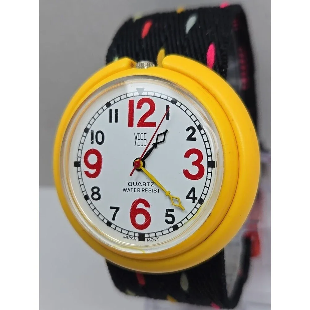 Vintage Retro Yess Yellow Watch New Battery Red Numbers Polka Dot Strap Funky